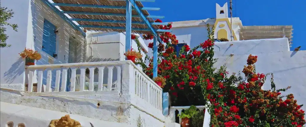 Panoramic view of Donoussa island, Cyclades with blue sea and whitewashed houses in Greece