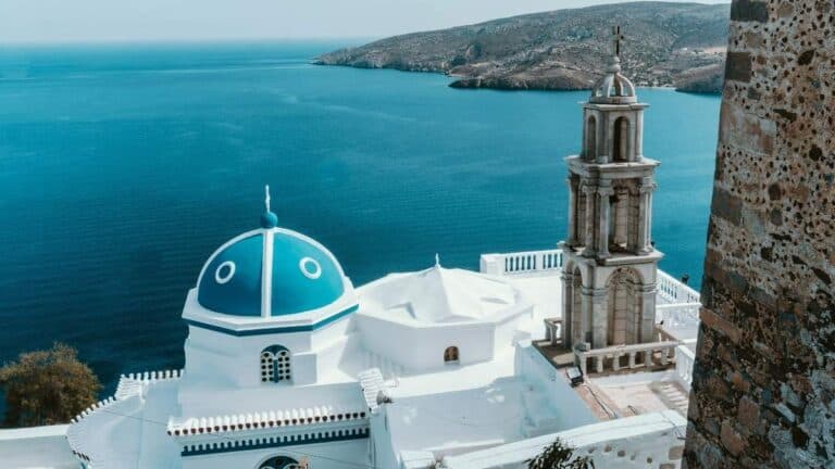 Astypalaia island view with its whitewashed Chora and the Venetian Castle overlooking the Aegean Sea
